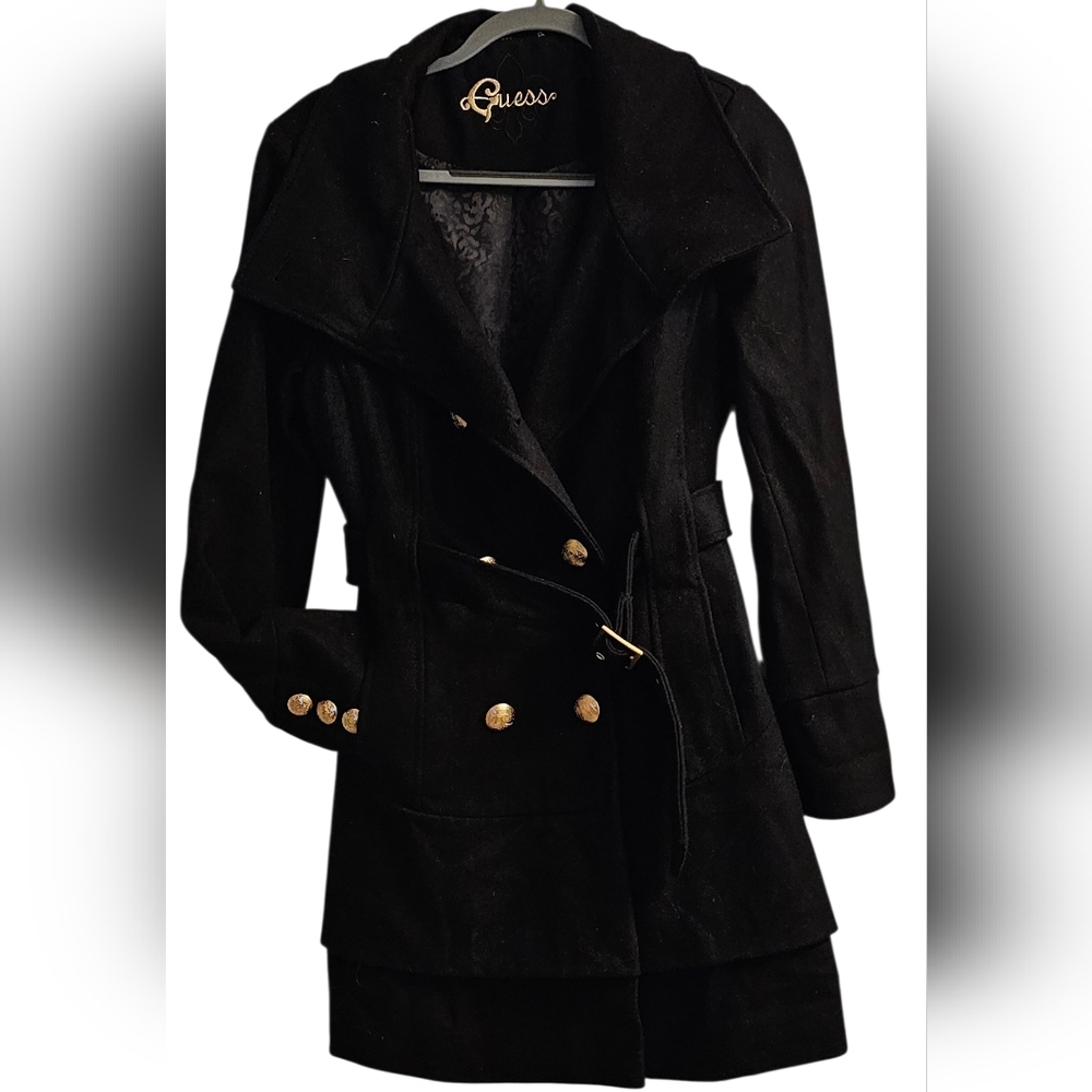 Vintage Y2K Guess Los Angeles Black Wool Skirted Military Peacoat Gold Leopard L